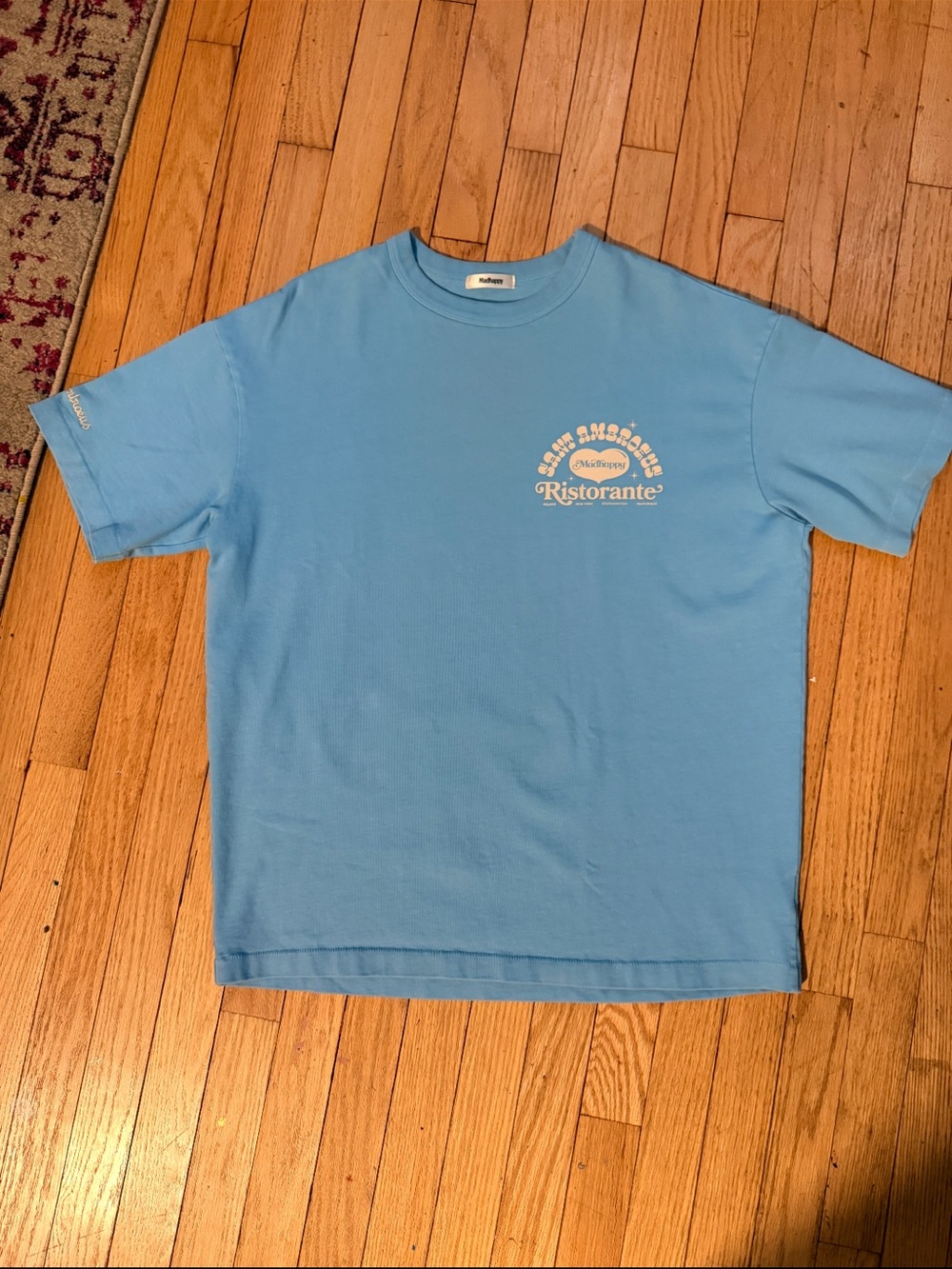 Madhappy Brand new Men's Crewneck T-Shirt in Light Blue with Ristorante Graphic